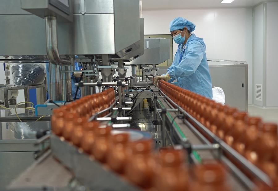 Uma funcionária trabalha em uma empresa farmacêutica em Zhangshu, Província de Jiangxi, no leste da China, em 8 de julho de 2025. (Xinhua/Wan Xiang)