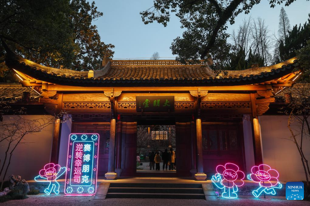 Turistas aproveitam evento noturno especial com ameixeiras em flor na área cênica de Chaoshan em Hangzhou, no leste da China